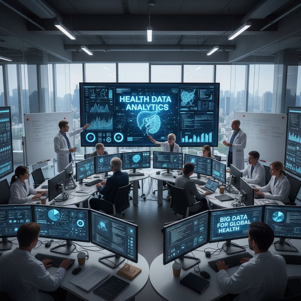 Zespół specjalistów analizujących dane zdrowotne na dużym ekranie, wizualizacje big data