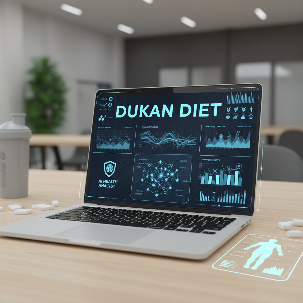 Osoba analizująca dane zdrowotne na laptopie, dieta dukana, technologia AI