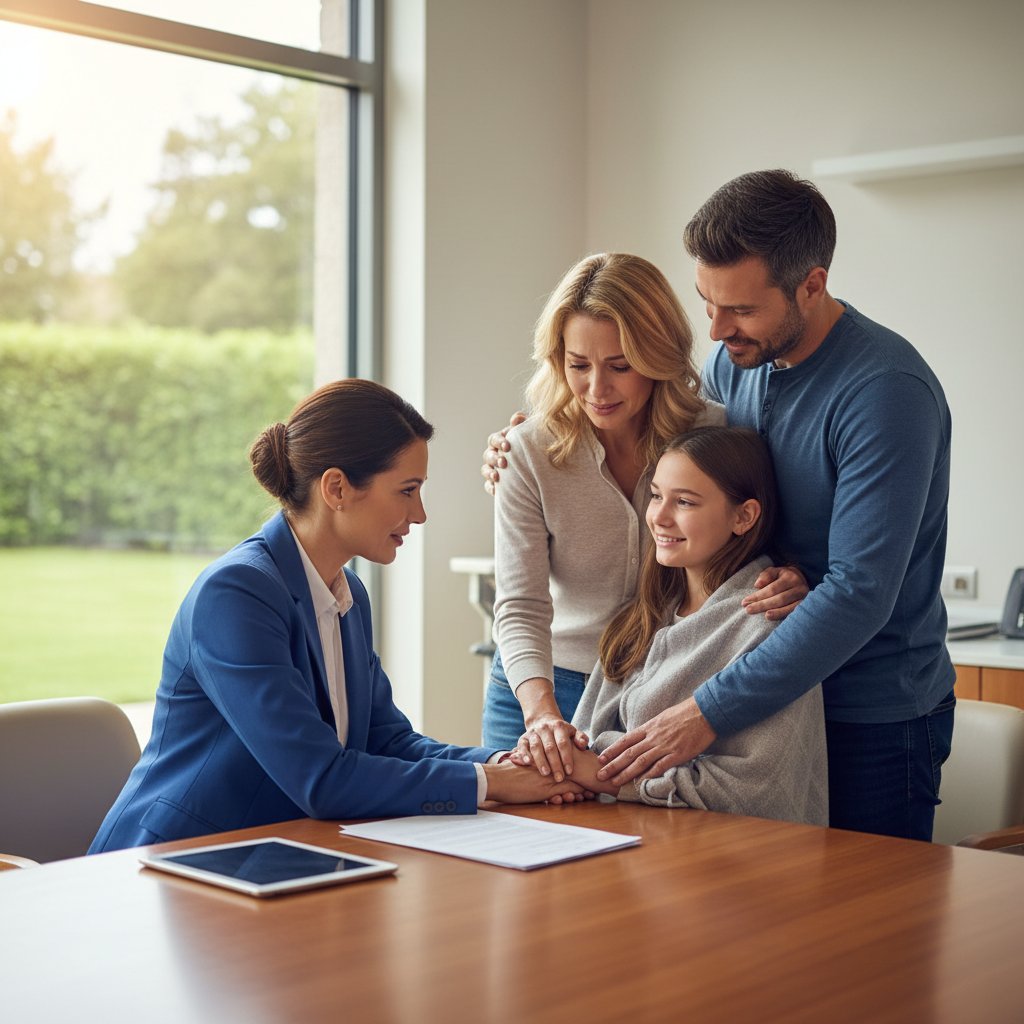 Healthcare administrator supporting a patient’s family in a hospital waiting area, emotional and candid