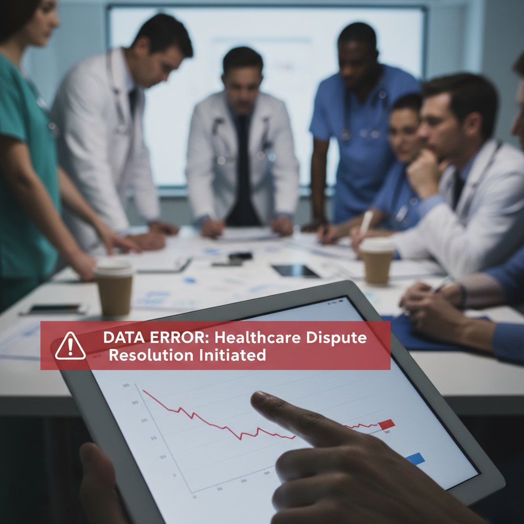 Healthcare professionals in heated discussion after discovering a clinical data error, computers displaying warning screens