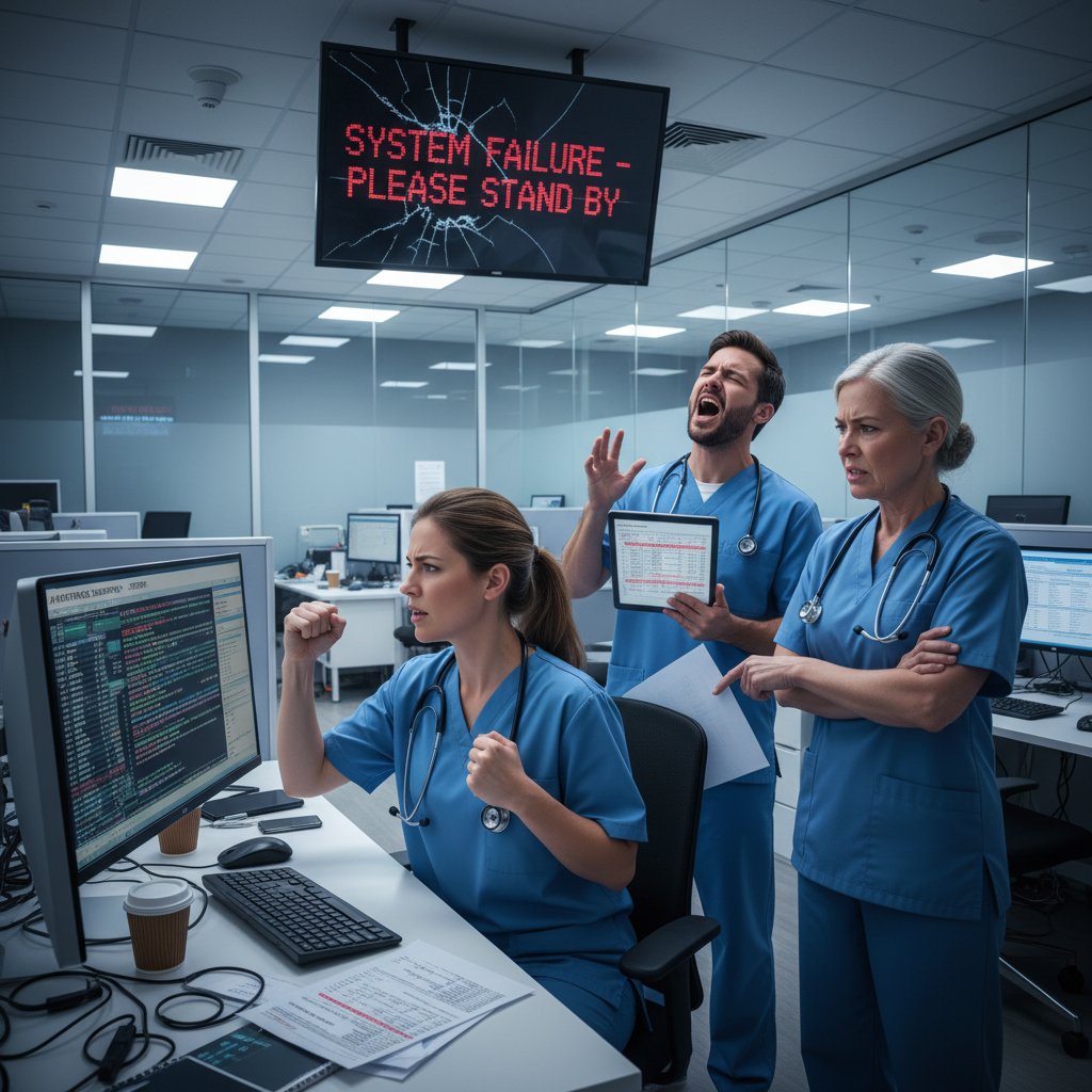 Healthcare IT failure scene: clinicians frustrated by erroneous automated summaries