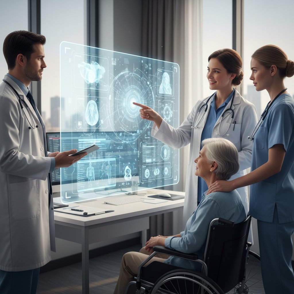 Healthcare team collaborating with AI tool, clear human connection and communication in medical workflow