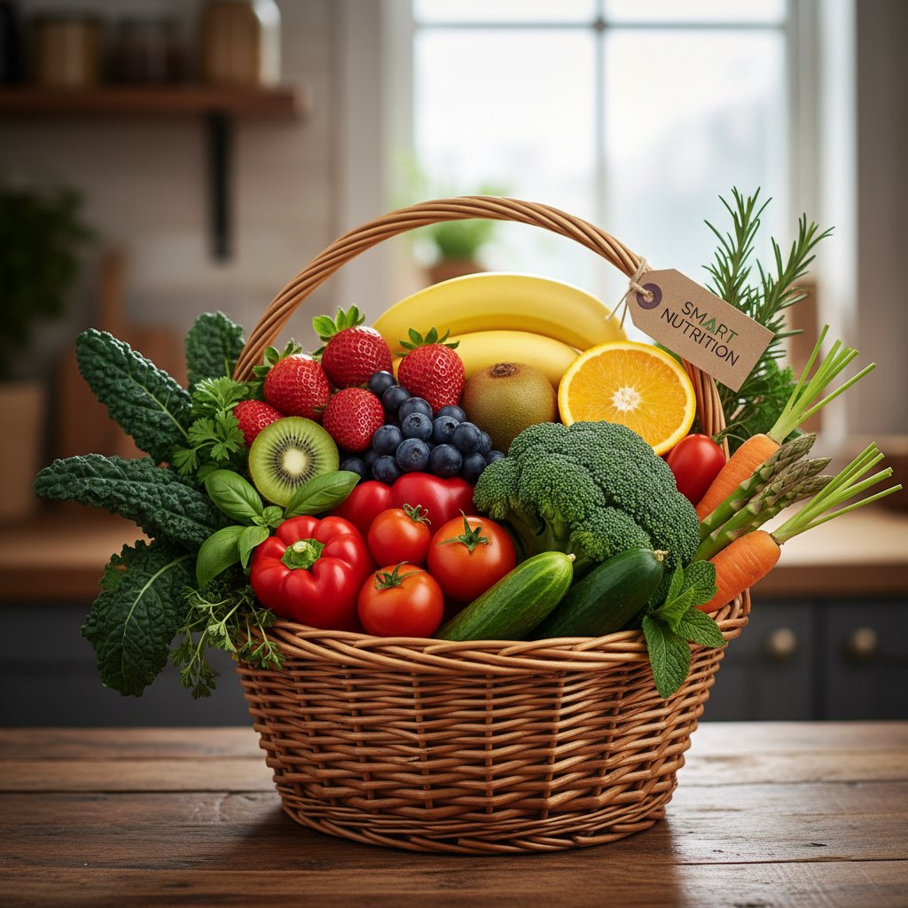 Zdrowy koszyk pełen warzyw, owoców i ziół – symbol mądrej troski o witaminy i minerały