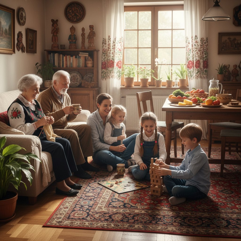 Zdrowa rodzina dzięki szczepieniom noworodka – kilka pokoleń siedzi razem przy stole, wszyscy uśmiechnięci