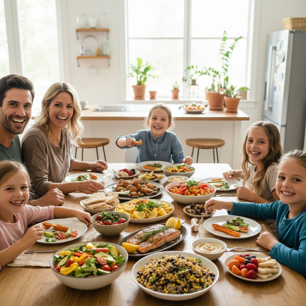 Stół pełen zróżnicowanych zdrowych posiłków i uśmiechnięta rodzina