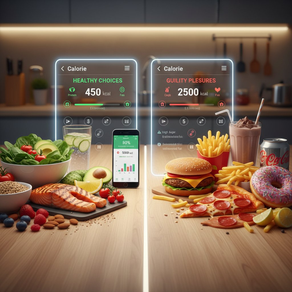 Zdrowe i niezdrowe produkty na jednym stole, aplikacja do liczenia kalorii na telefonie