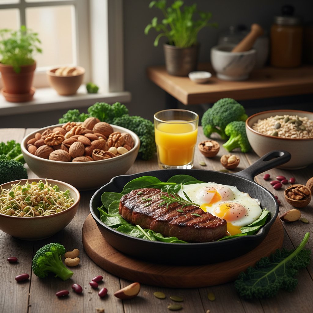 Zdjęcie talerza z produktami bogatymi w białko, żelazo i cynk: jajka, szpinak, chude mięso, orzechy
