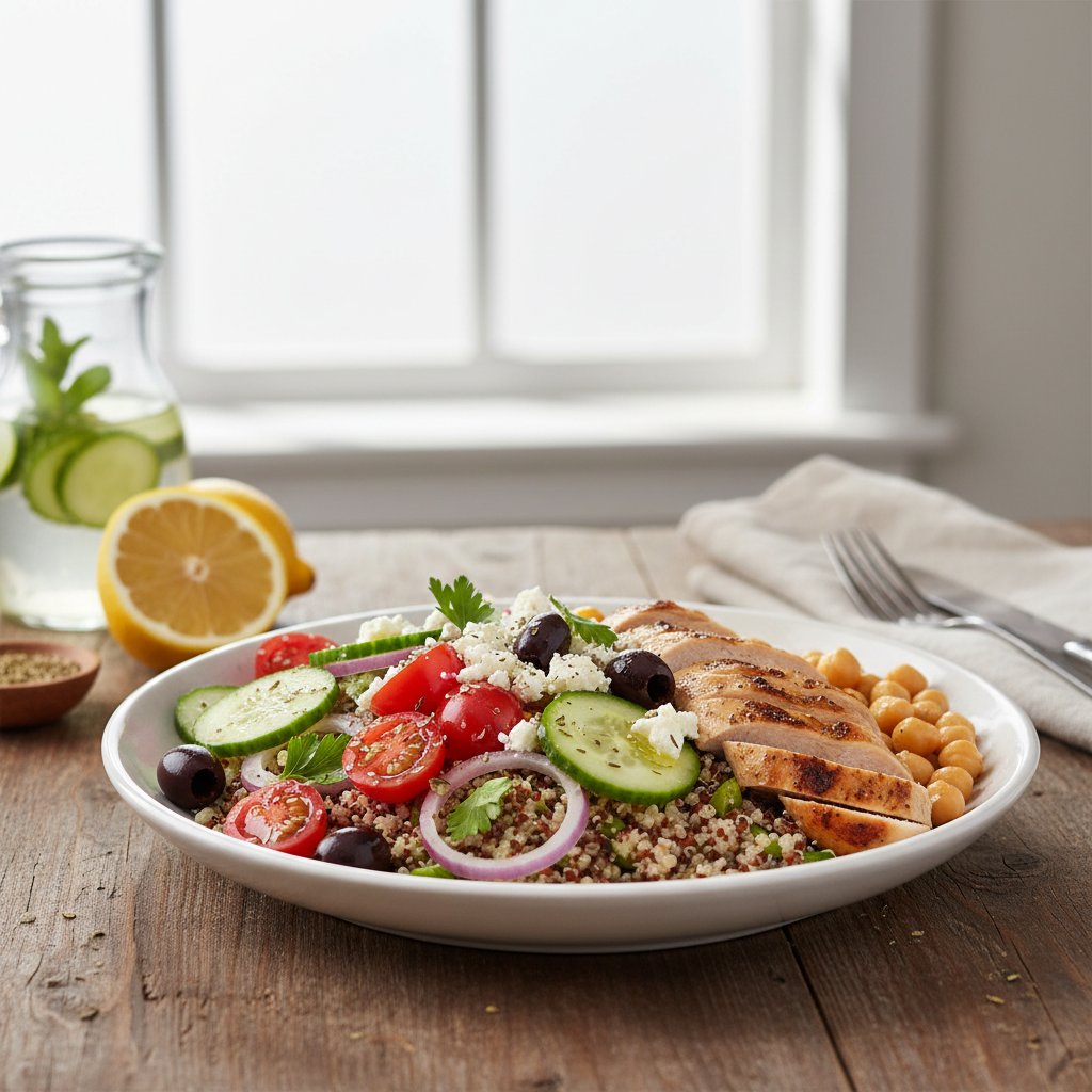 Stół z prostymi, zdrowymi posiłkami na ból głowy: owsianka, sałatka, kanapki, koktajle