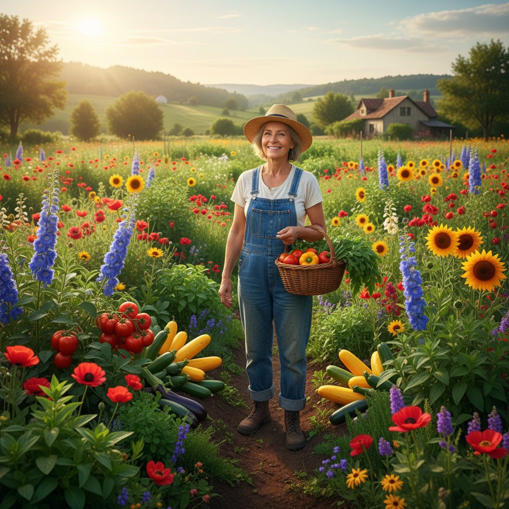 Zdrowy ogród po skutecznej walce ze szkodnikami, intensywne kolory, satysfakcja ogrodnika