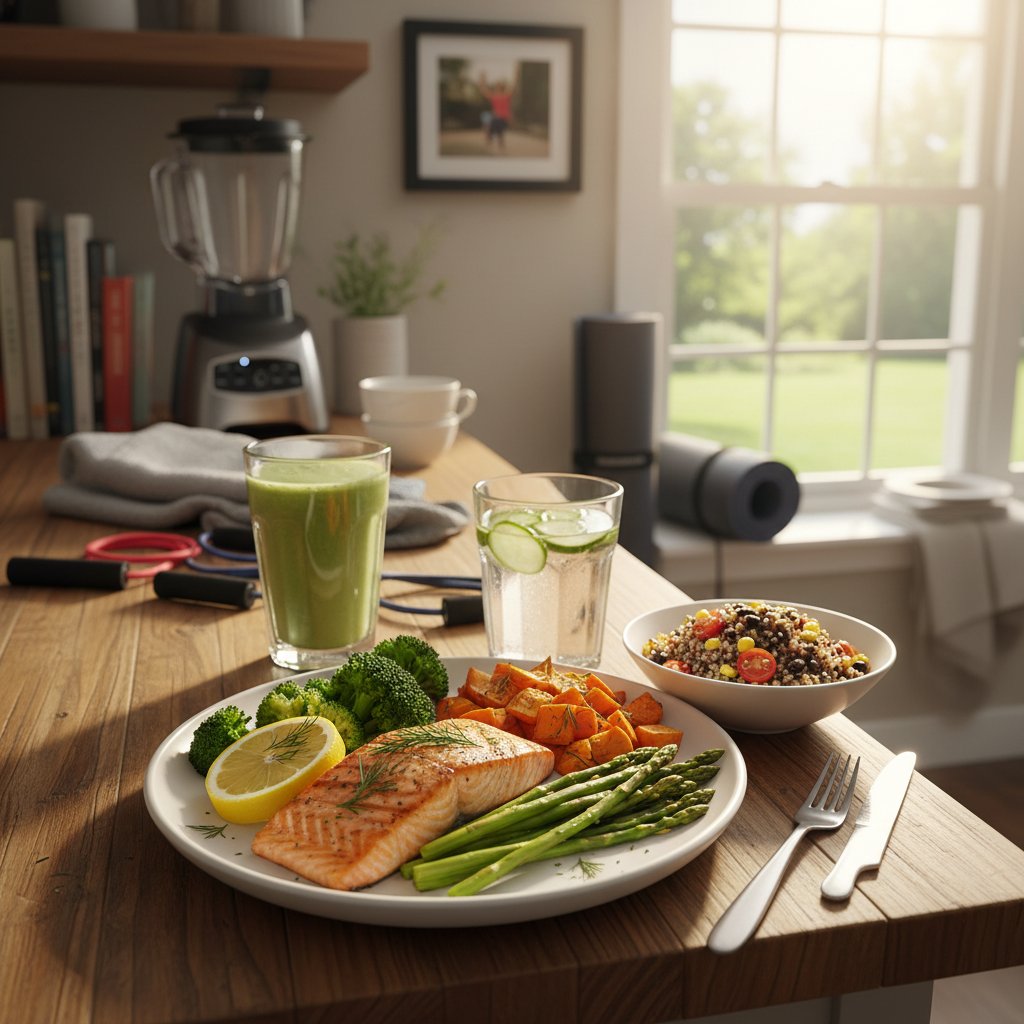 Realistyczny posiłek po treningu – domowa kuchnia, prosty, zdrowy talerz jedzenia, osoba w stroju sportowym