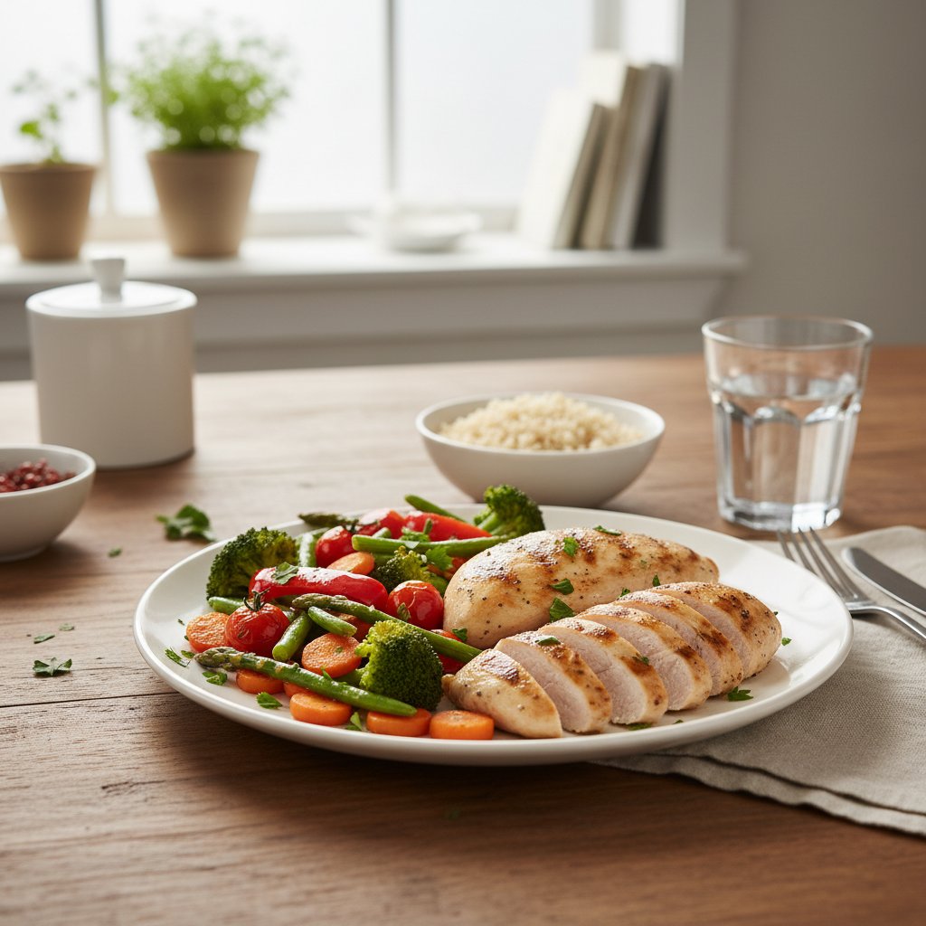 Zdrowy posiłek na stole, świeże warzywa i chude mięso, atmosfera domowa, zdrowy styl życia