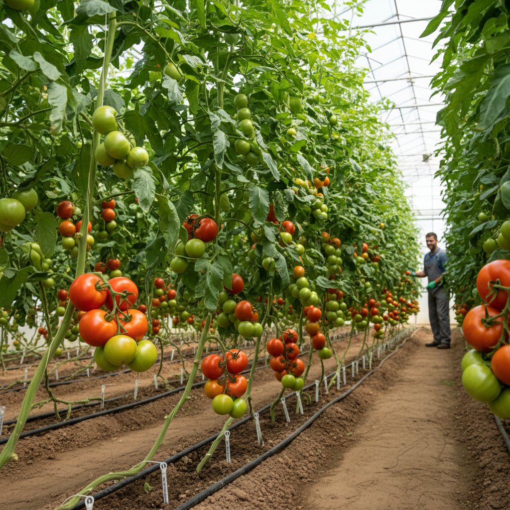 Zdrowe pomidory w szklarni z automatycznym nawadnianiem – efekt udanego wdrożenia, szklarnia z plonami