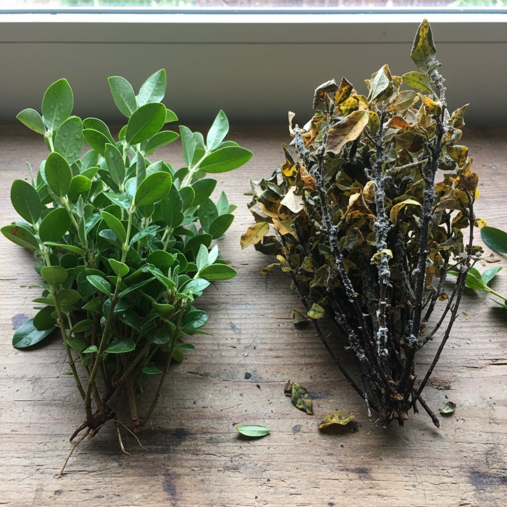 Zbliżenie na zdrowe i chore sadzonki krzewów owocowych, widoczne różnice