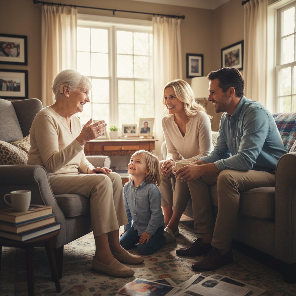 Senior z aparatem słuchowym rozmawiający z młodszym członkiem rodziny w domowym zaciszu