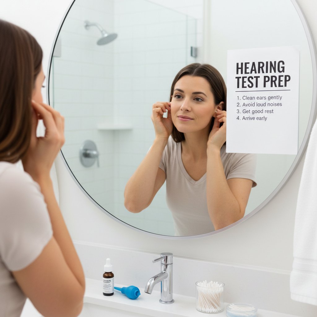 Pacjent przygotowujący się do audiometrii w domowej łazience, lustro, dbanie o higienę uszu