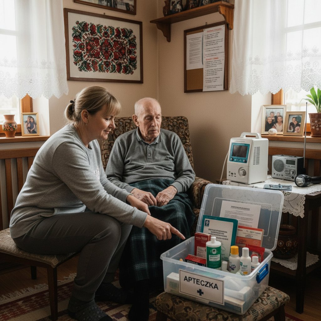 Pacjent z chorobą serca siedzący zamyślony w salonie, opiekunka z telefonem gotowa do działania