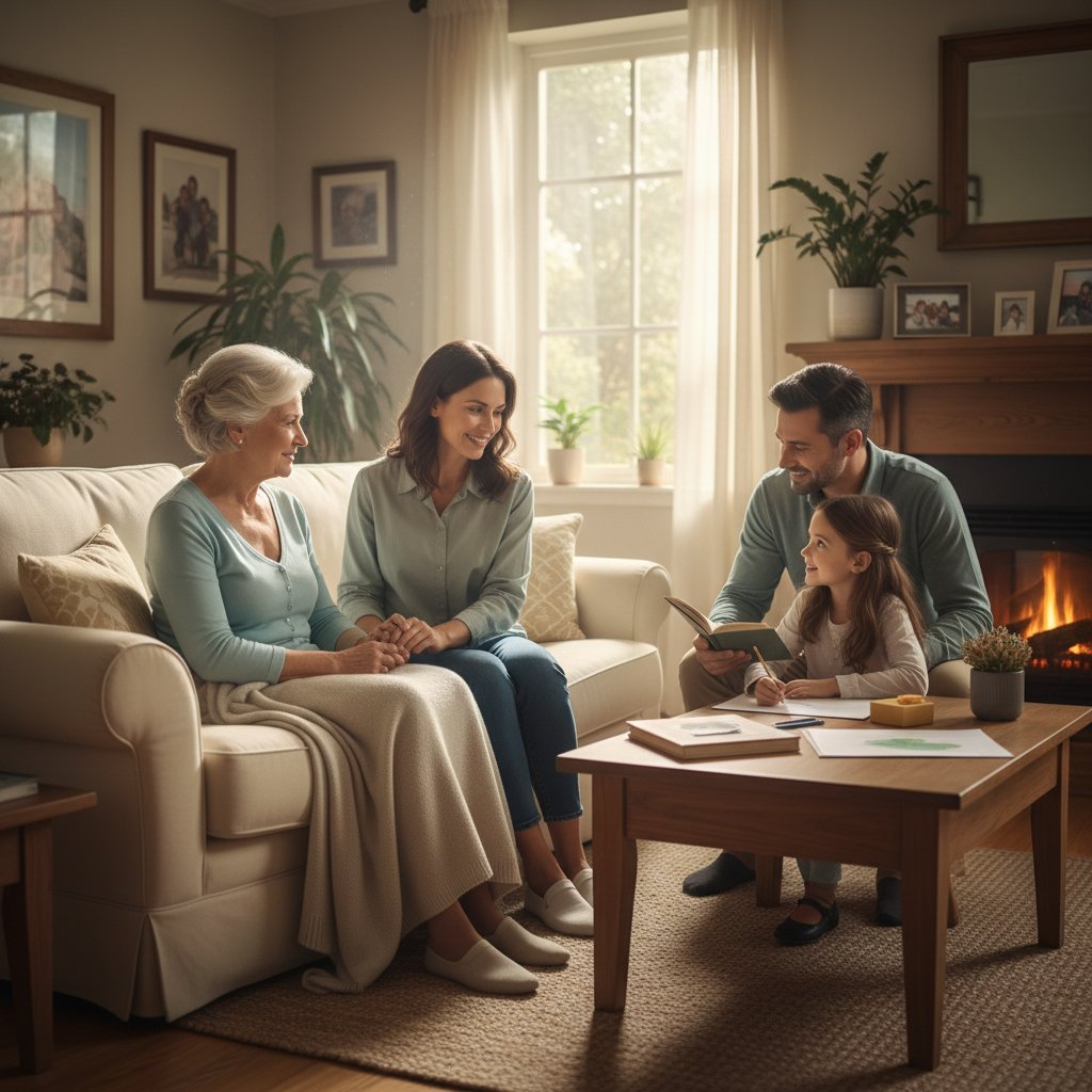 Pacjent z chorobą serca odpoczywa w domu, rodzina wokół, ciepła, spokojna atmosfera