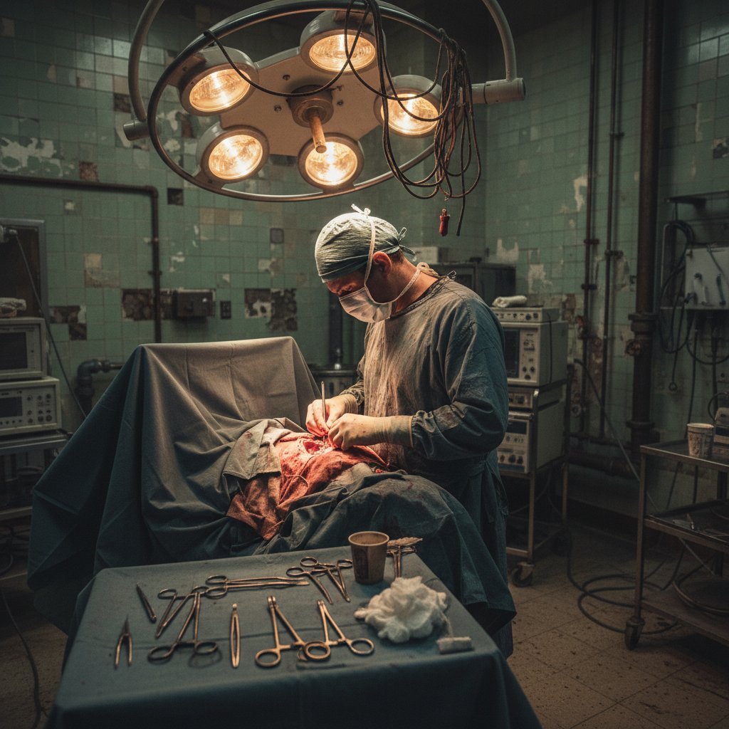 Kardiochirurg w sali operacyjnej podczas zabiegu na otwartym sercu, widoczne napięcie i skupienie