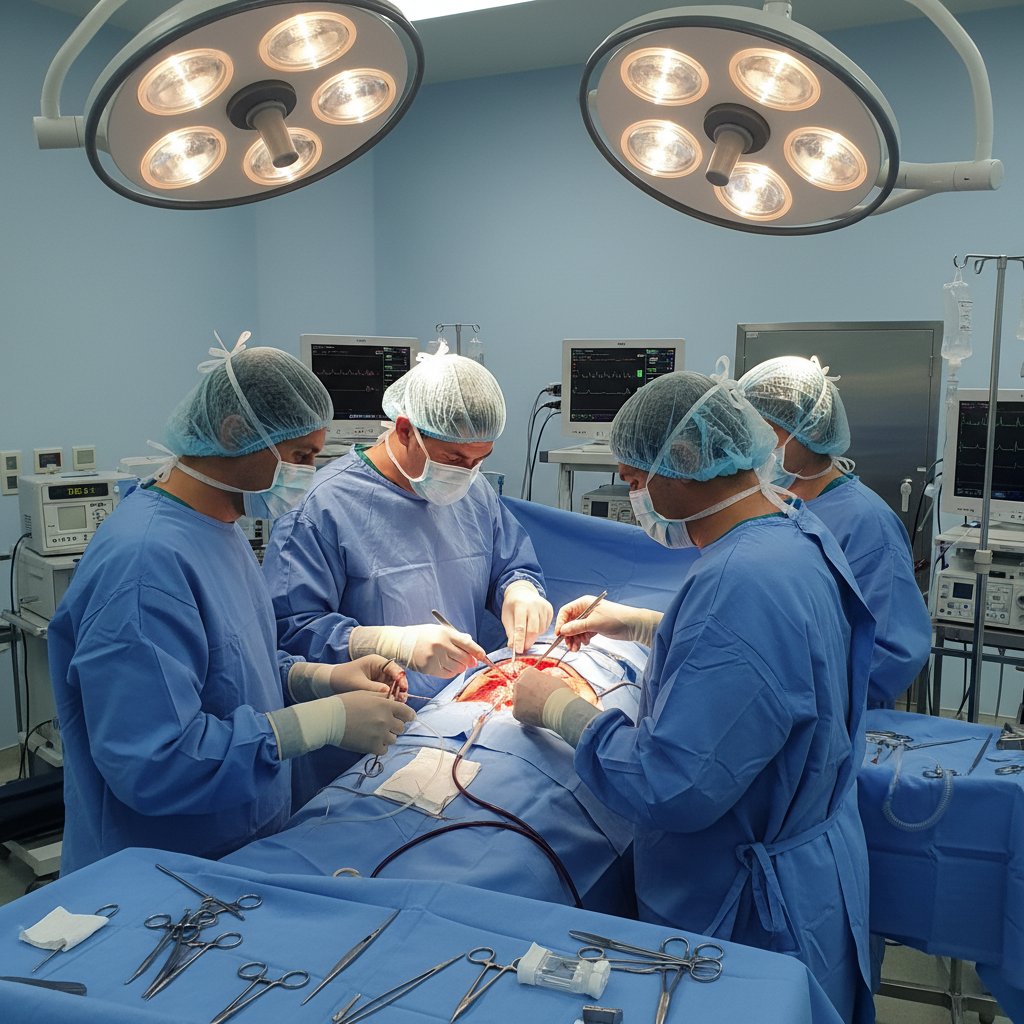 Zespół operacyjny podczas otwartej operacji serca, pełne skupienie na zabiegu