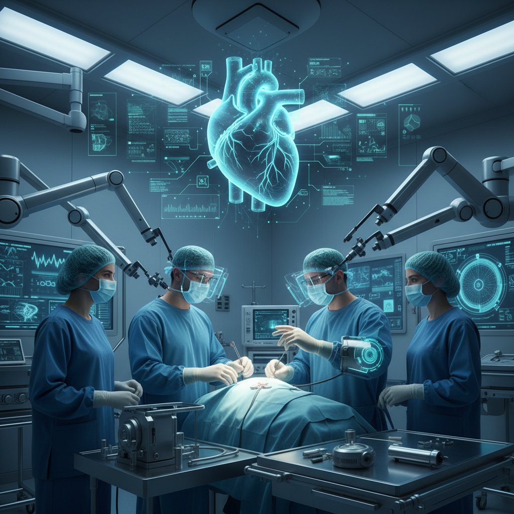 Zespół kardiochirurgów korzystający z nowoczesnych technologii i AI podczas planowania operacji