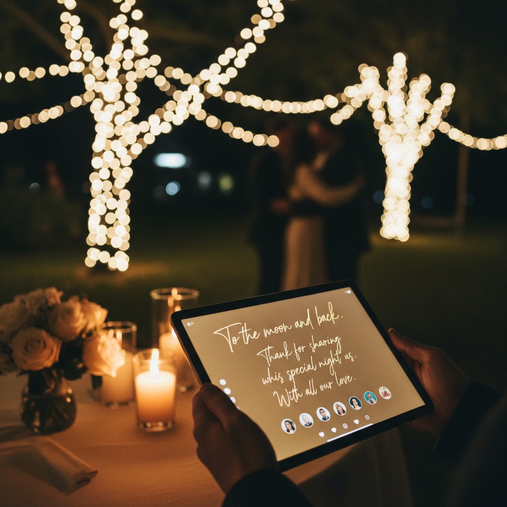 Close-up of a heartfelt condolence message on a glowing digital guestbook screen at night, symbolizing emotional digital memorials