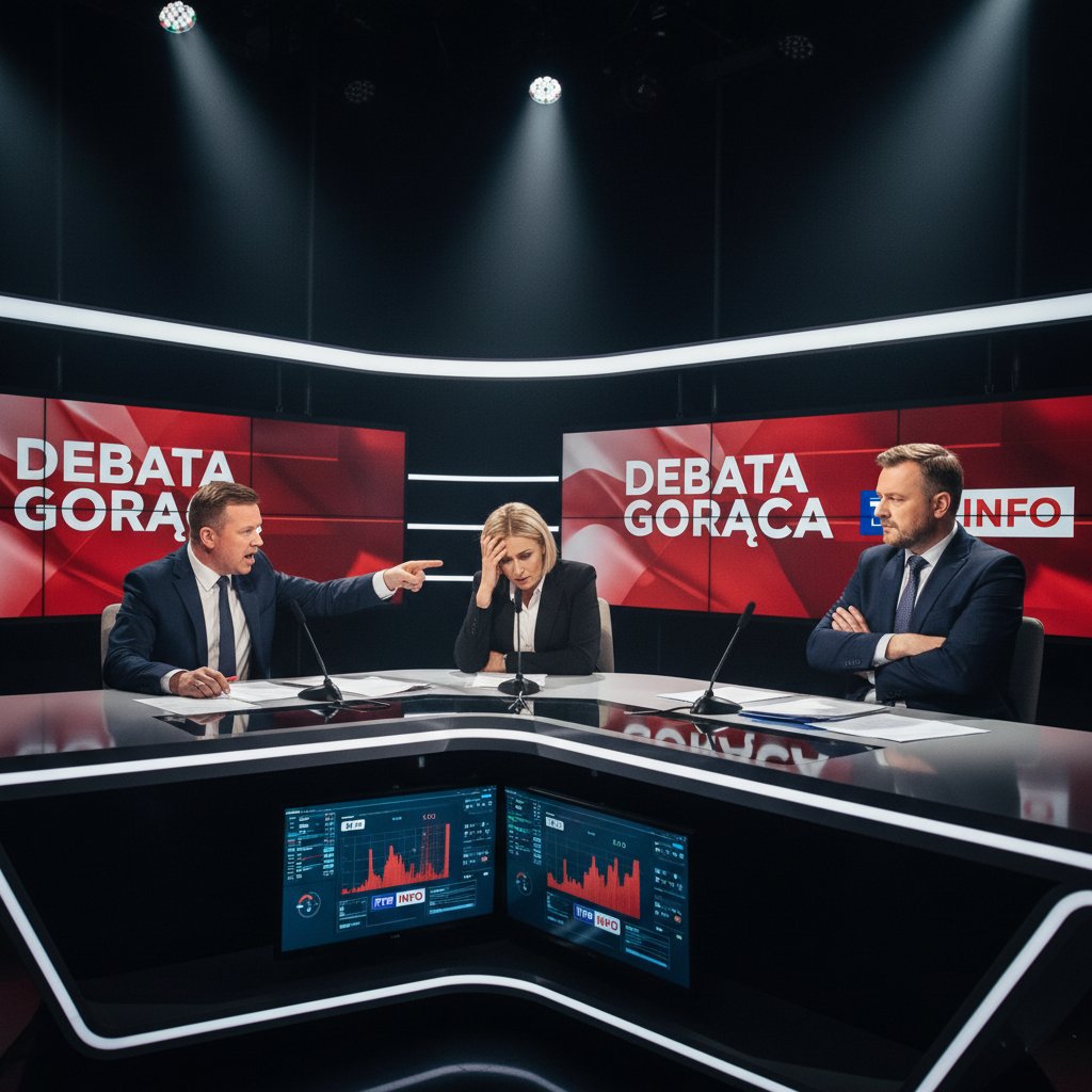 Emocjonalna debata w polskim studio telewizyjnym – światło dramatyczne, wyrażone emocje, napięcie