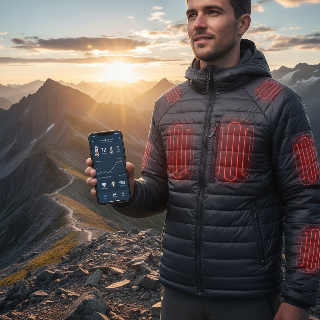 Osoba w kurtce z podgrzewaniem na górskiej trasie, trzyma telefon z aplikacją medyczną