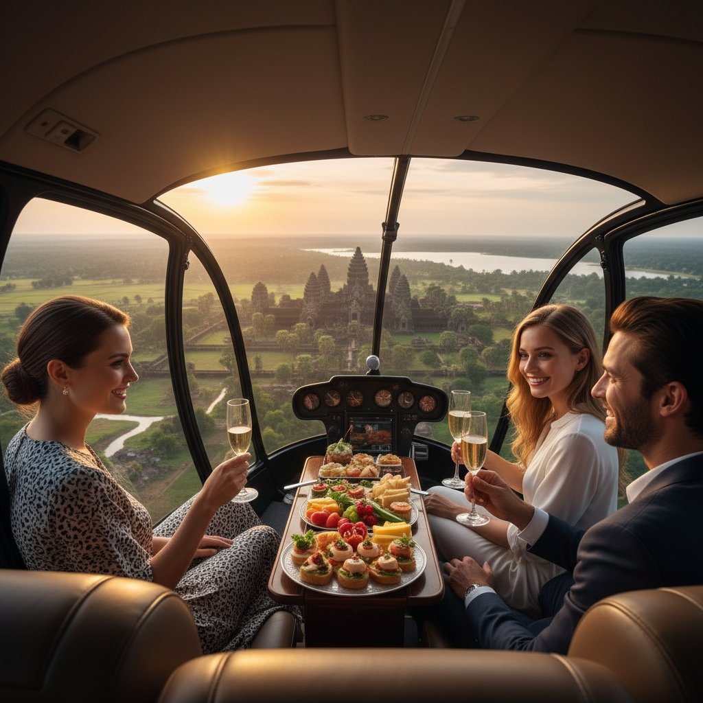 Passengers celebrate with champagne and snacks during scenic Cambodian helicopter flight, panoramic view outside