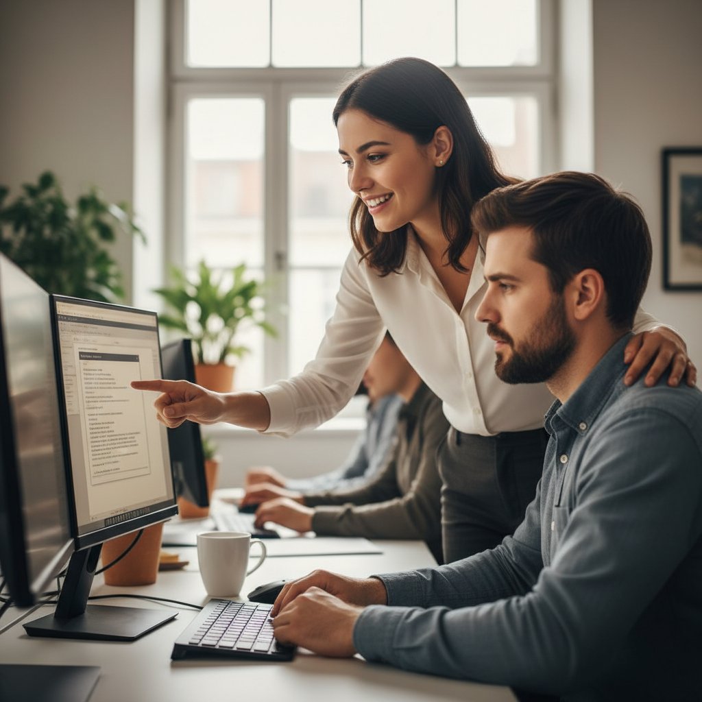 Help desk specialist calmly assisting stressed coworker, illustrating empathy and technical support
