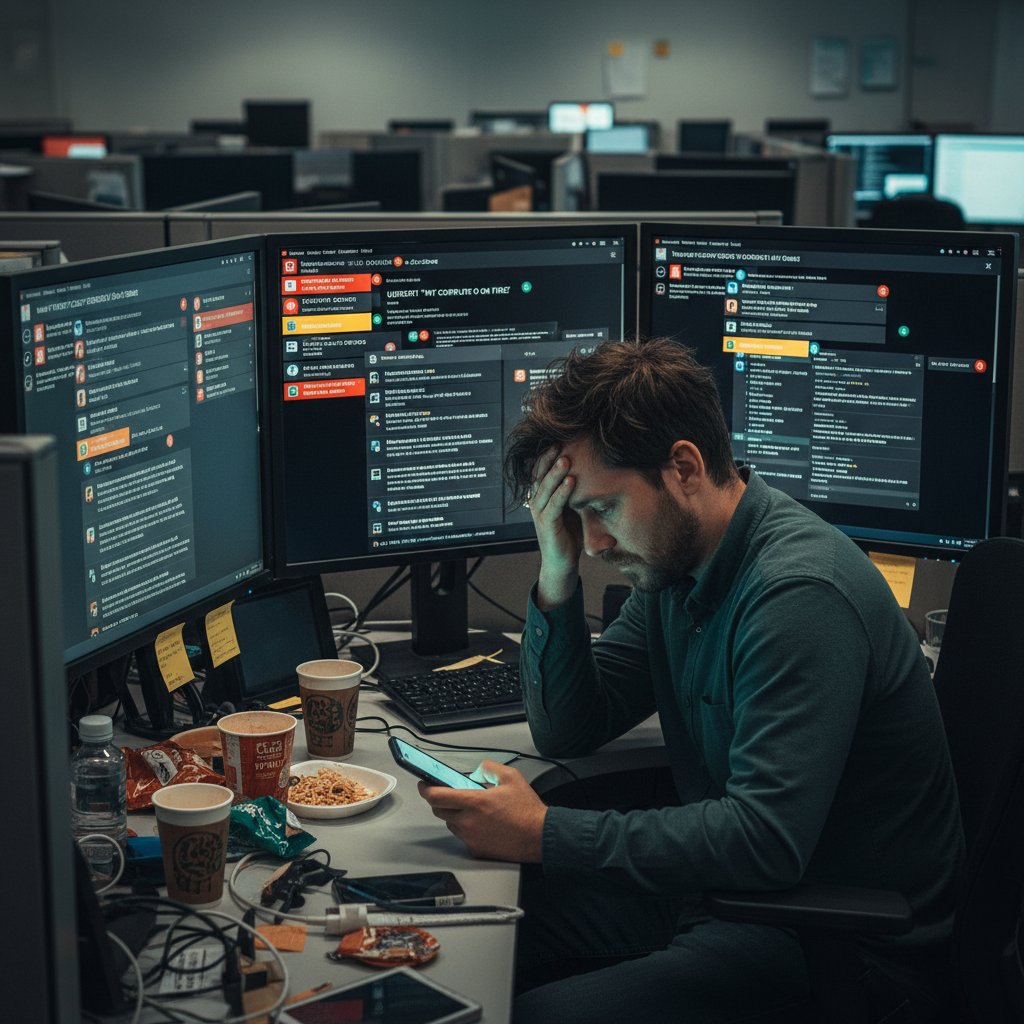 Burned out IT support staff, exhausted as notifications pile up in a dark office