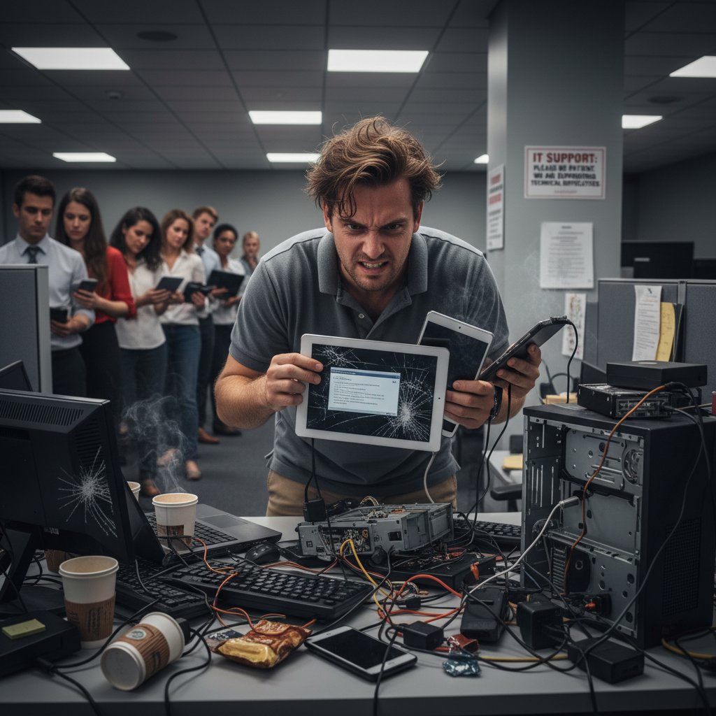 Overwhelmed worker facing IT breakdown, surrounded by malfunctioning devices and support tickets