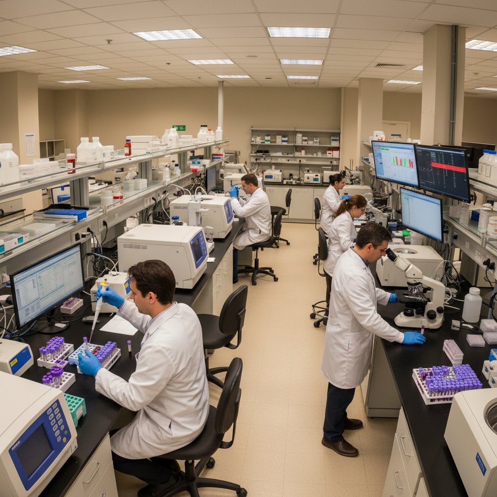 Laboratorium hematologiczne z analizatorami krwi, próbówkami i zespołem techników