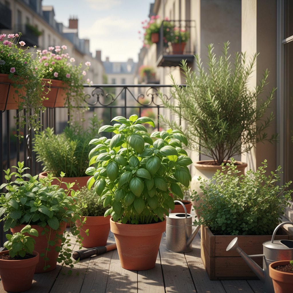 Doniczki z ziołami na parapecie balkonu: bazylia, mięta, oregano, rozmaryn