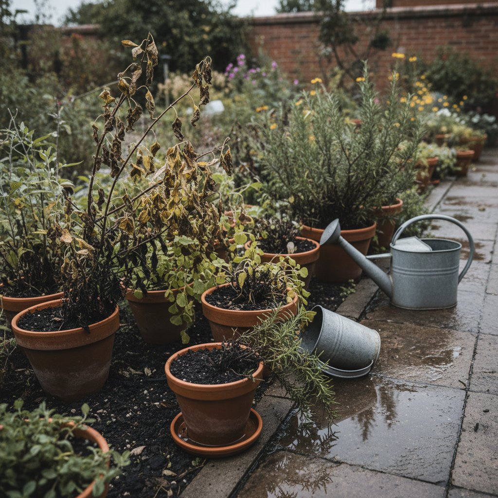 Ogród ziołowy z wyraźnymi problemami – żółknące liście i zbyt wilgotna gleba