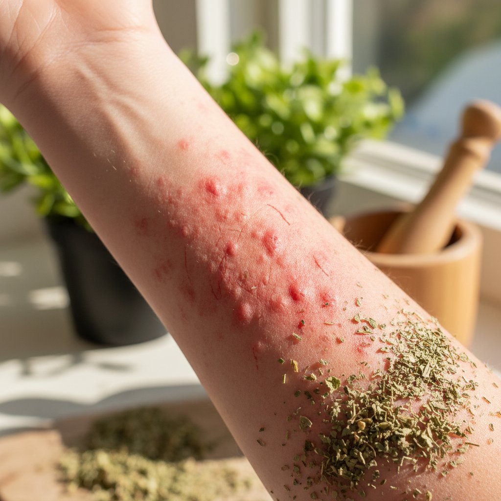 Osoba z wysypką na ramieniu, skutki uboczne ziół na sen, światło dzienne