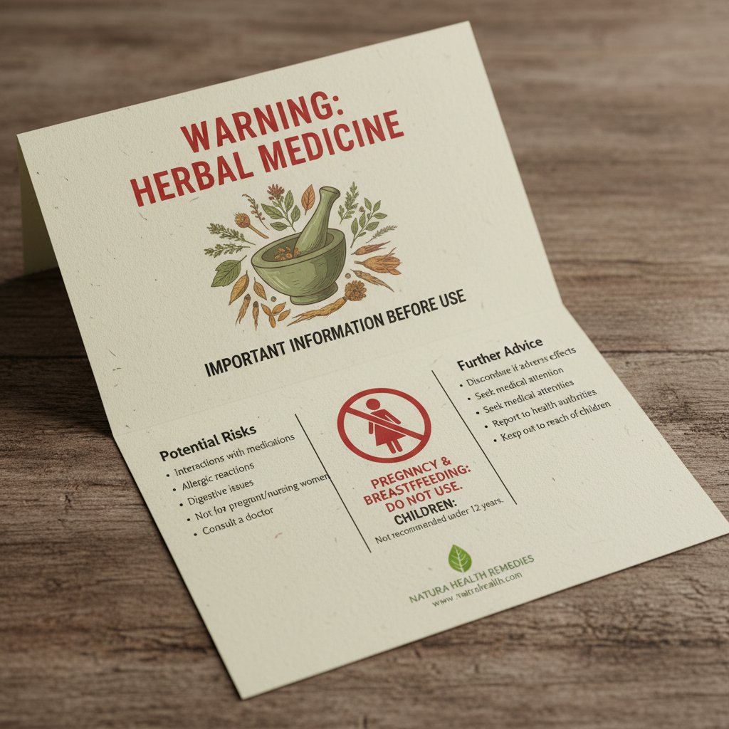 Apteczka domowa z ziołowymi preparatami oraz ulotka ostrzegająca przed skutkami ubocznymi