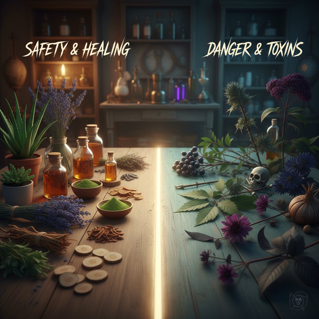 Leki ziołowe i trujące rośliny obok siebie na stole – kontrast bezpieczeństwa i ryzyka