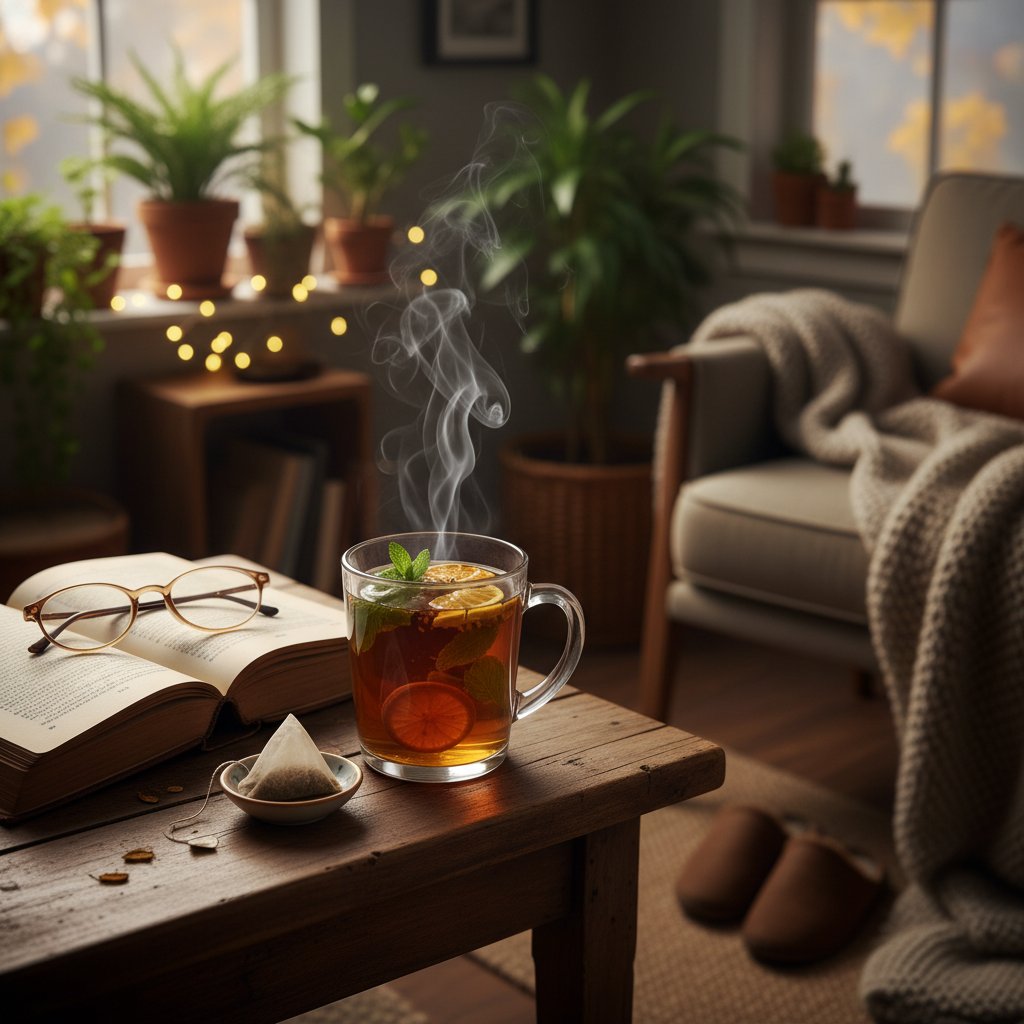 Zbliżenie na filiżankę naparu ziołowego i książkę, łagodne światło wieczorem, relaksacyjna scena