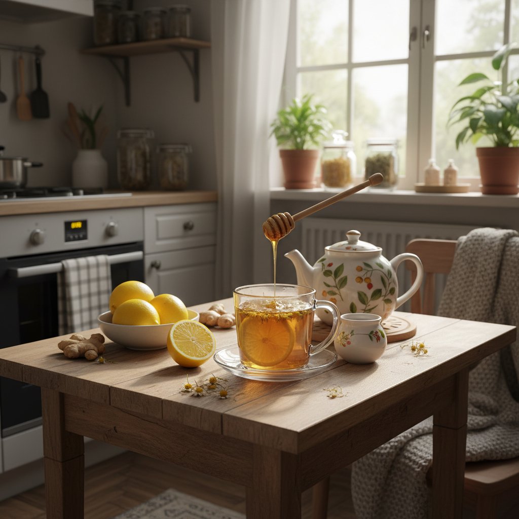 Domowa kuchnia, filiżanka ziołowej herbaty, świeży miód, cytryna, zioła