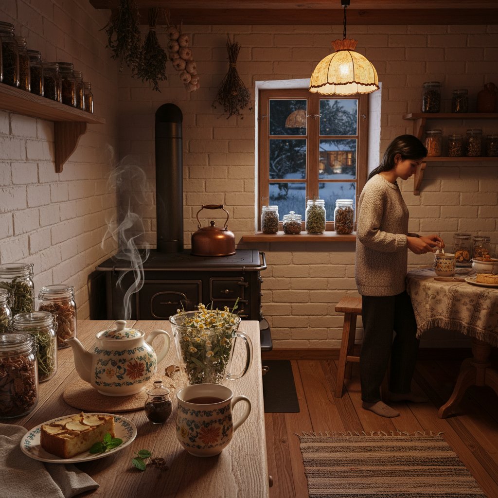 Przygotowanie naparu ziołowego w polskiej kuchni wieczorem, nastrojowa scena