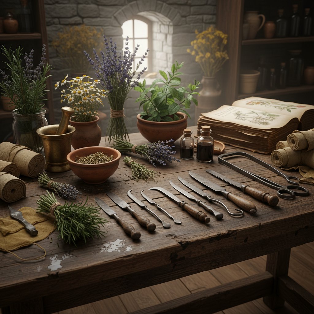 Zioła i starożytne narzędzia medyczne na drewnianym stole – symbol historii ziół i uzdrawiania