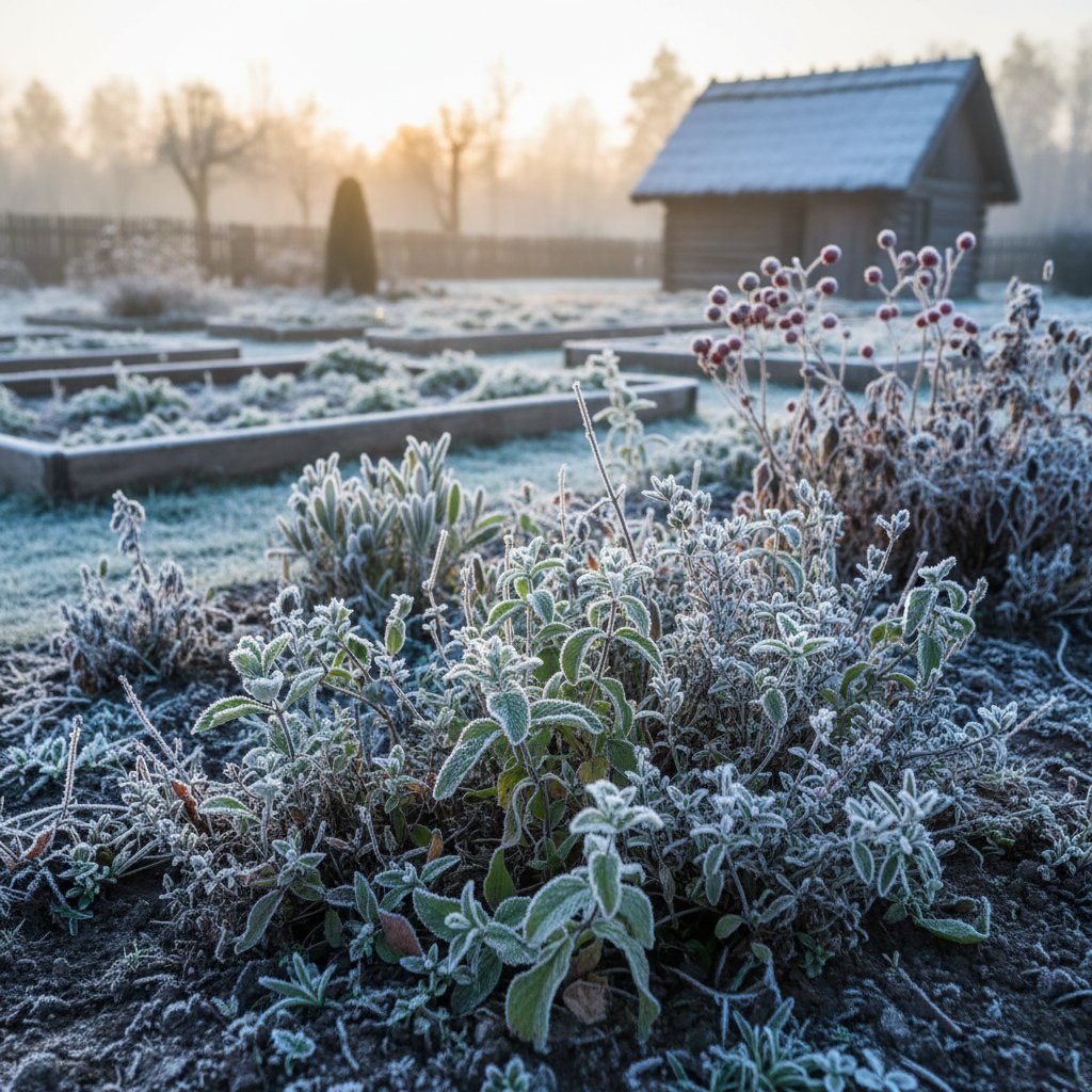 Zioła uprawiane w polskim klimacie – zdjęcie wczesnowiosennego ogrodu z oszronioną miętą