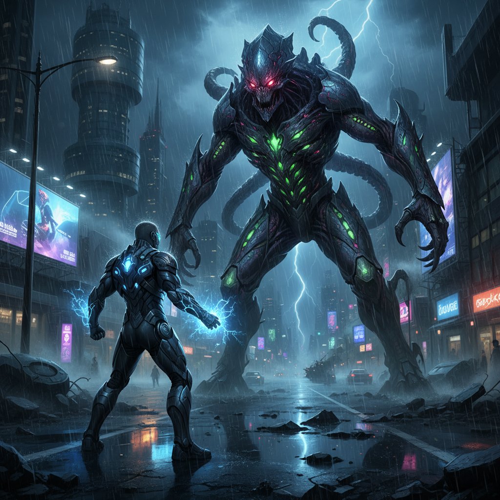 Hero confronts alien invader in rain, stylized movie still, biomechanical menace faces lone protagonist