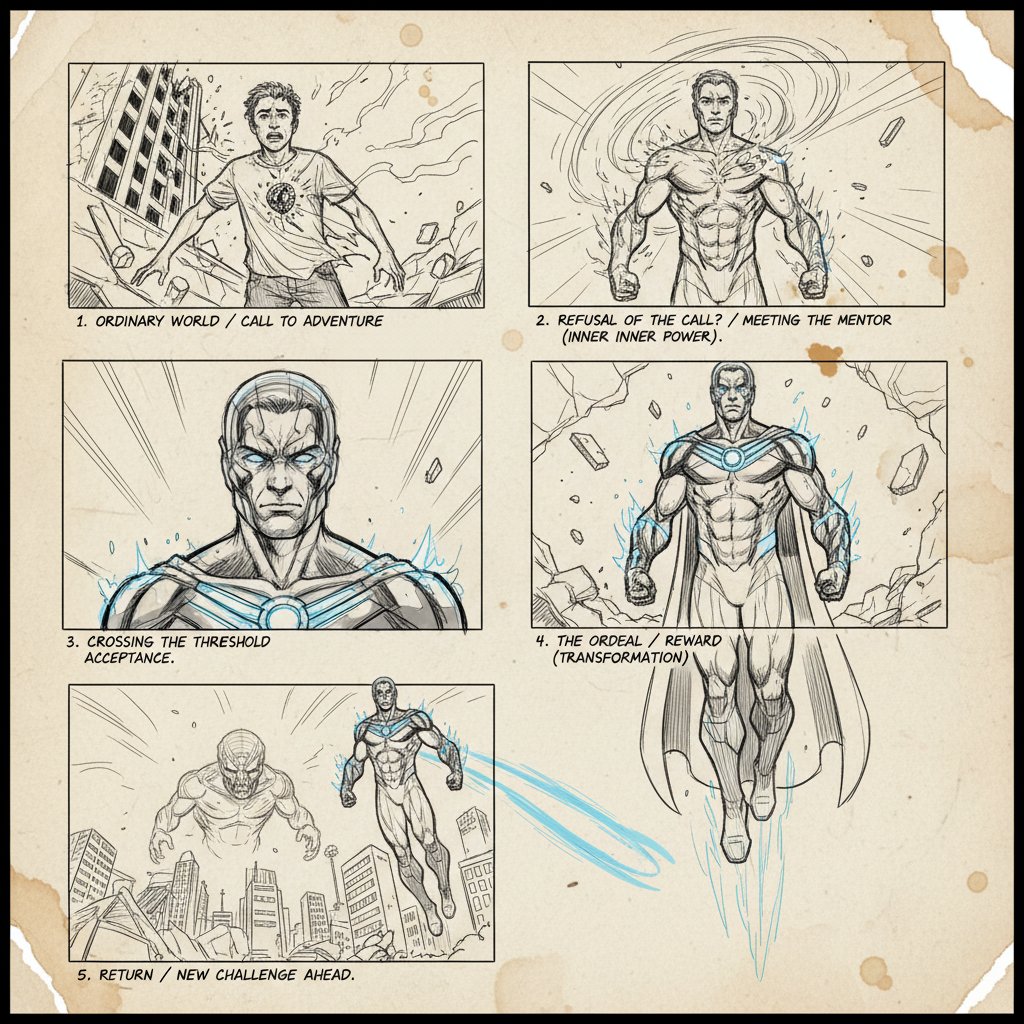 Concept art showing hero’s journey twist, storyboard sketches with superhero transformation