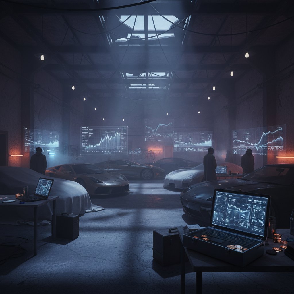 Symbolic photo of hidden automotive data, dramatic lighting, emphasizing critical analysis in car buying