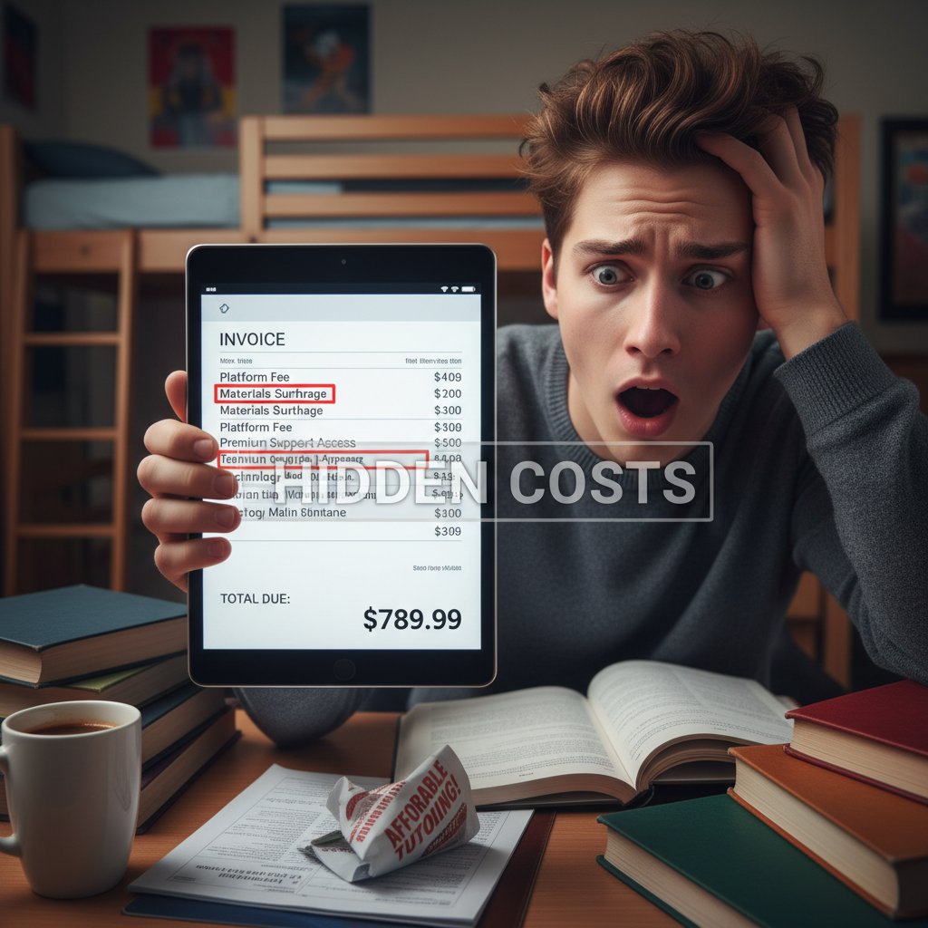 Ukryte koszty nauki online – zaskoczony uczeń patrzy na wydrukowane rachunki i ekran laptopa