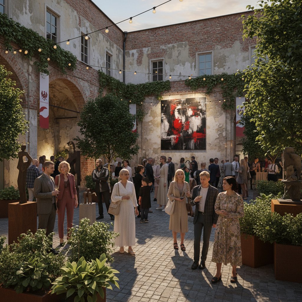 Ukryty dziedziniec z wystawą sztuki w Warszawie