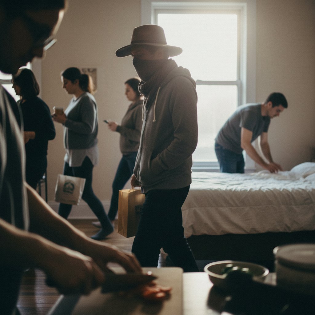 Zdjęcie osoby ukrywającej twarz za dłońmi, w tle rozmazane obrazy codziennych czynności