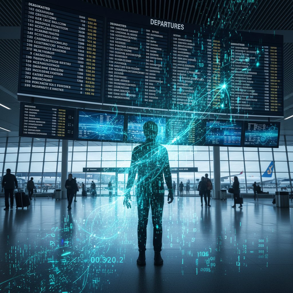 Symboliczne zdjęcie: osoba w cieniu manipulująca danymi cyfrowymi, w tle tablica odlotów