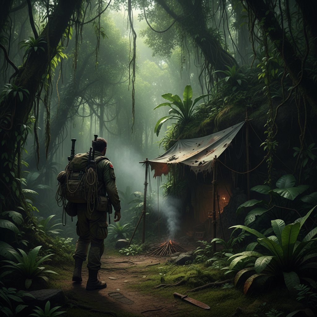 Unfamiliar protagonist trekking through dense jungle in a hidden indie survival movie